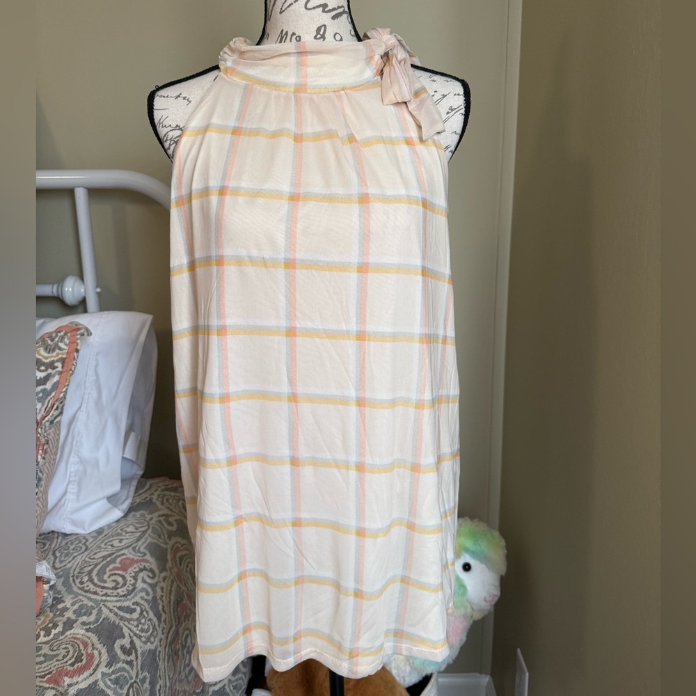 Cato Pastel Striped Sleeveless Shift Top with Tie High Neck
